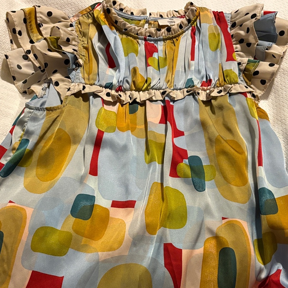Entro Anthropologie Multicolor Abstract Blouse with Ruffled Sleeves